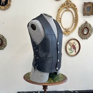 Vintage Biker Leather Side-Lace Snap Vest Jacket Size M Black